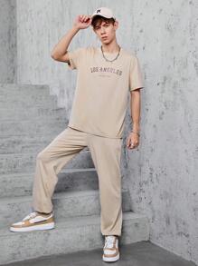 Teenage Boys' Letter Printed T-Shirt And Solid Color Pants Two Pieces Set - Apricot - View 1