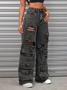 SHEIN ICON Đau khổ Cargo Phong cách quần ống rộng Quần jean - Xám - Xem 2