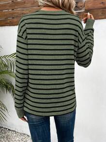 EMERY ROSE Women's Round Neck Striped T-Shirt Graphic Tees Women Tops - Army Green - View 2