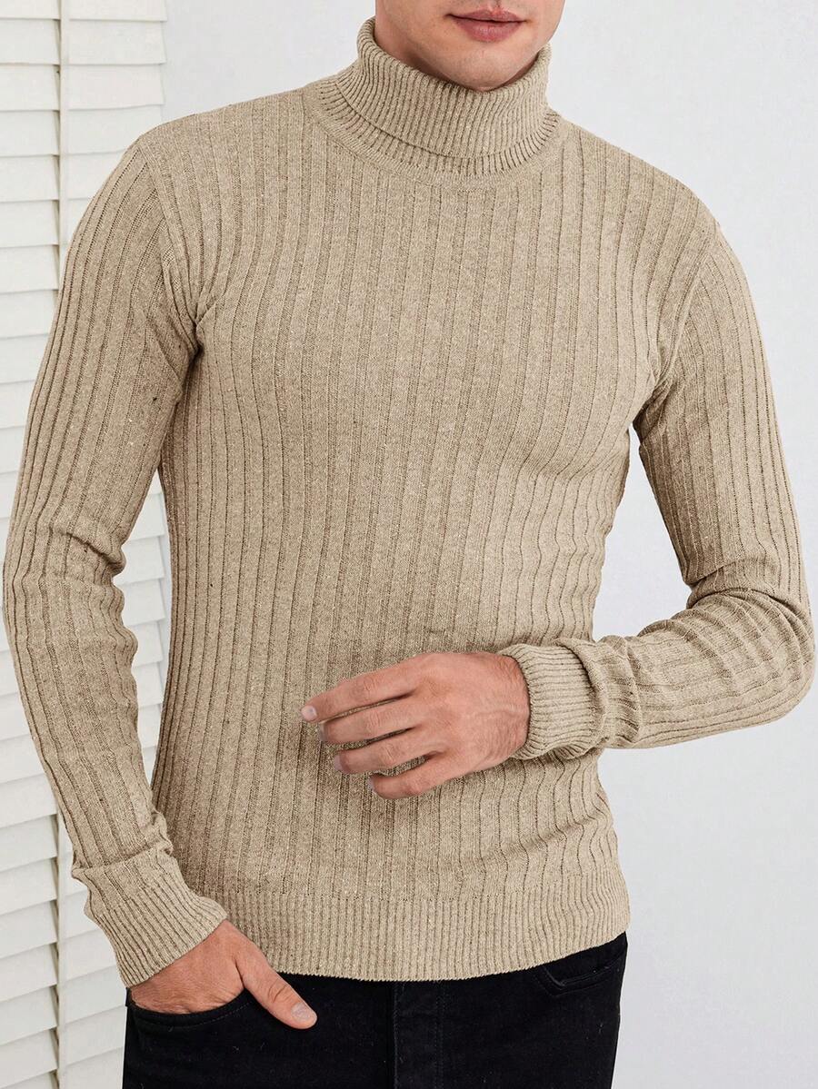 SHEIN Cottnline Men Turtleneck Ribbed Knit Sweater - Apricot - View 1