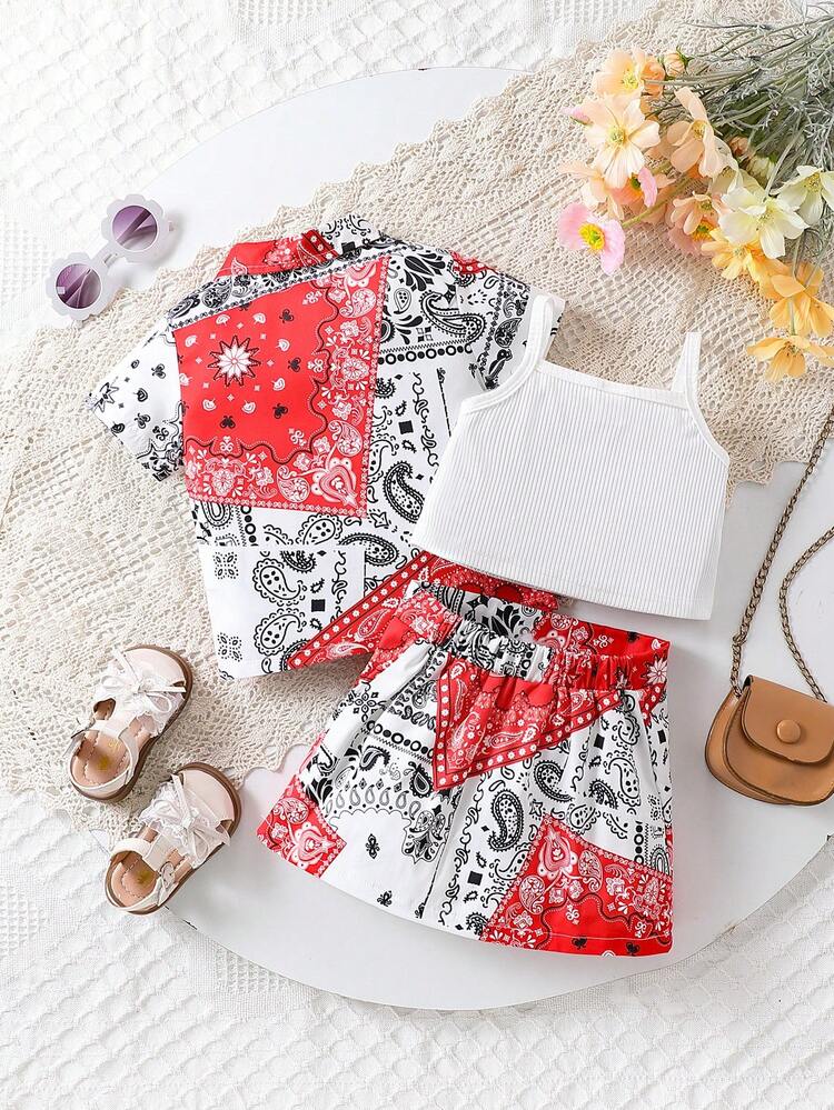 3pcs/Set Baby Girl Paisley Print Short Sleeve Shirt, Shorts, And Solid Ribbed Knit Camisole Tank Top Summer Outfits