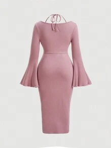 SHEIN MOD 大尺寸披肩領襯托袖抱頸復古連衣裙 - 粉色 - 查看 2