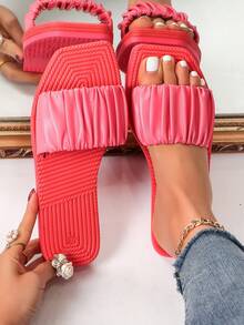 女士平底涼鞋,有摺疊設計的舒適懶人鞋,防滑純色開放式鞋頭,休閒沙灘拖鞋 - 玫紅色 - 查看 1