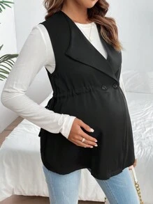 SHEIN Maternity Sleeveless Jacket With Drawstring Waist And Double-Breasted Design - Black - View 5