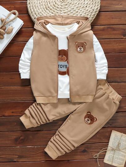 3pcs/Set Casual Teddy Bear Patchwork Sweatshirt And Pants Set For Young Boys
