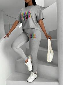 Zolique 女式字母印花圓領t恤和打底褲套裝 - 灰色 - 查看 5