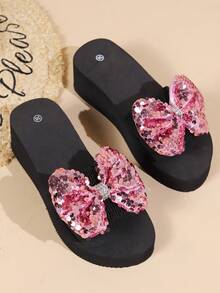 混色亮片蝴蝶结女士厚底坡跟鞋，舒适步行凉鞋女士高跟凉鞋夏季室内户外一脚蹬 - 彩色 - 查看 6