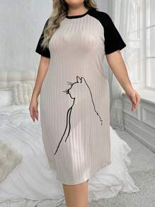 Ladies' Cartoon Cat Patterned Plus Size Casual Night Dress - Multicolor - View 3