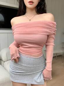 DAZY 露肩长袖短款衬衫，情人节长袖上衣，露肩学院风上衣，秋季女装 - 粉色 - 查看 5