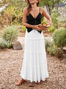 SHEIN VCAY 前扣式背心上衣和裙子度假兩件套裝 - 黑與白 - 查看 3