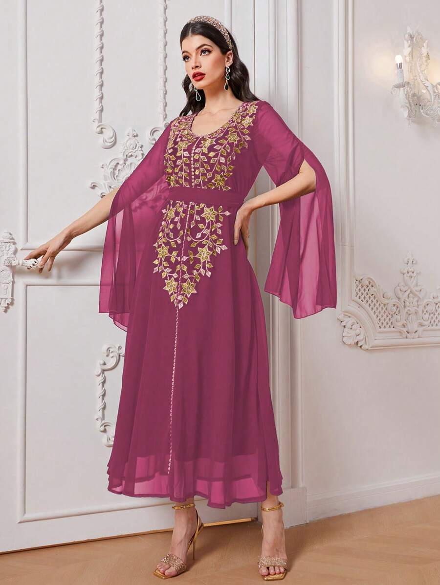 Al Najma 阿拉伯風格刺繡披肩袖禮服 - 玫紅色 - 查看 1