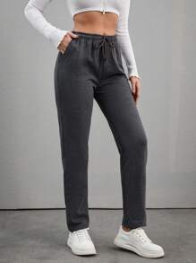 EURMUSE Women's Solid Color Drawstring Waist Sweatpants - Dark Grey - View 3