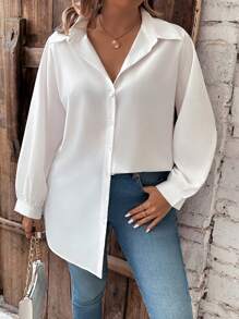 Calvaya 大尺寸純色長袖休閒襯衫 - 白色 - 查看 3