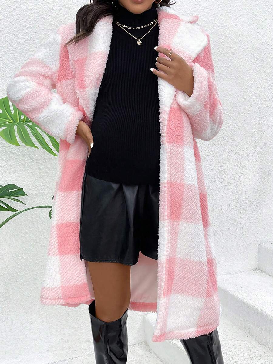 SHEIN Áo khoác dài tay kẻ caro lông cừu cho bà bầu, dành cho mùa đông - Hồng - Xem 1