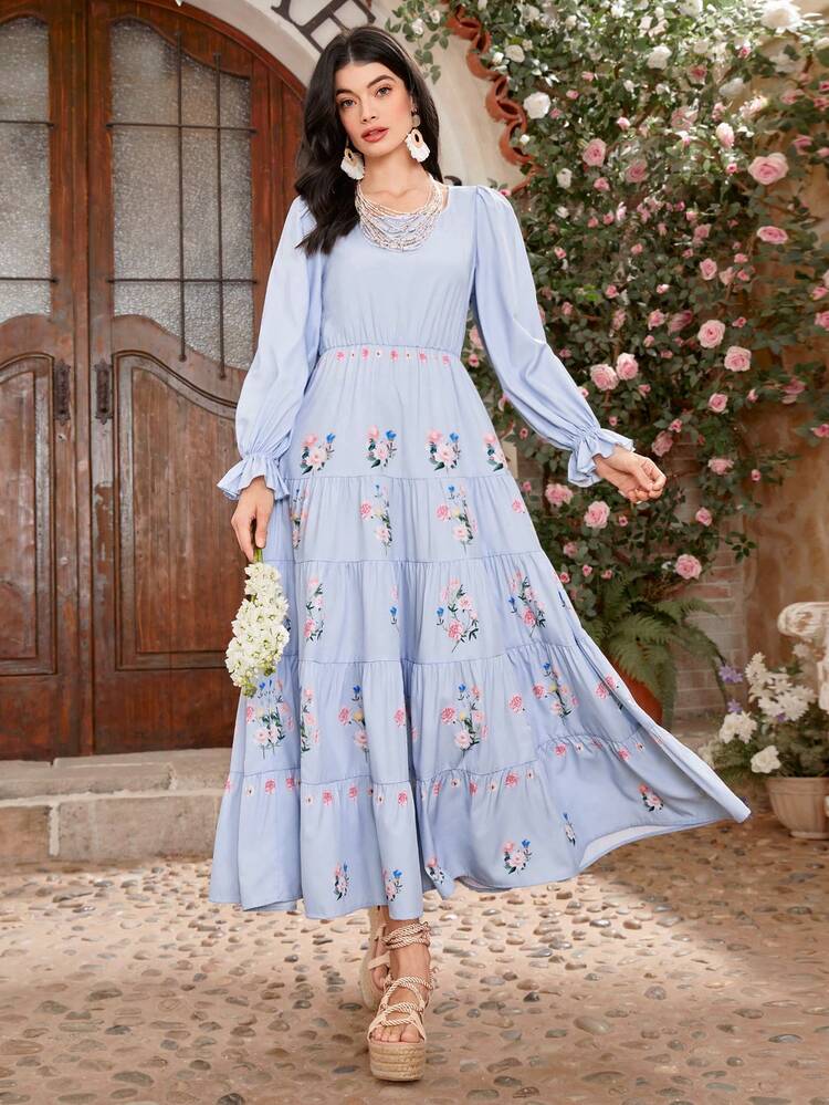 Floral Print Ruffle Sleeve A Line Dress