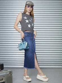 SHEIN Regata cropped de estrelas metalizado prata feminino - Cinza - Visão 4