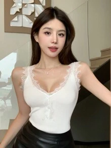 DAZY Solid Color V-Neck Lace Spliced Sleeveless Knitted Top For Women,Fall Clothes - White - View 5