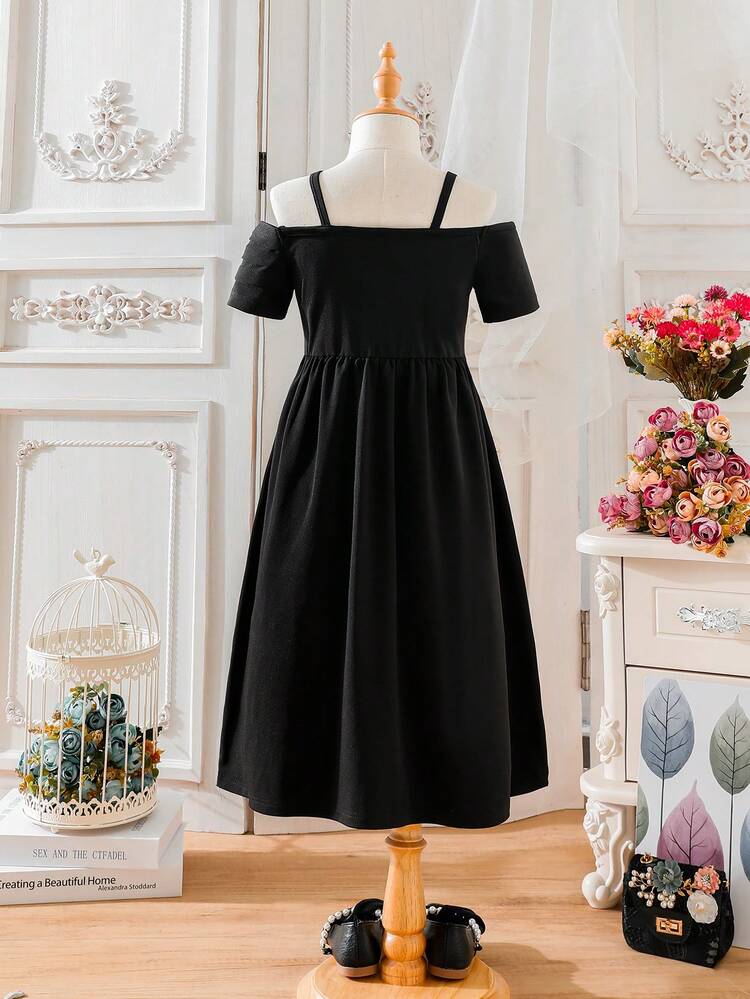 Young Girls' Black Fuzzy Shoulder Cut Out Decoration Dress, Suitable For Evening Party