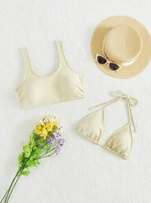 SHEIN Swim Summer Women's Textured Swimwear Top (2pcs/Set) Wedding - Beige - View 3