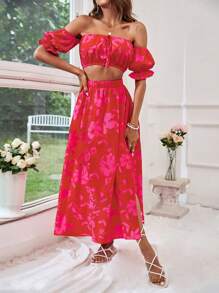 SHEIN VCAY Women's Vacation Style Floral Print Off Shoulder Short Sleeve Top And Skirt Set - Multicolor - View 3