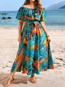 SHEIN VCAY Plus Size Nữ Nhiệt đới in hình lệch vai Ruffle Trim Váy xẻ cao đi biển cho mùa hè - Nhiều màu - Xem 5