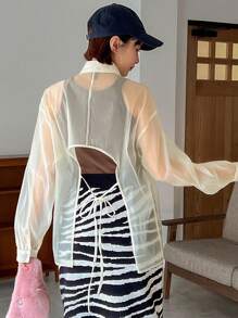 FRIFUL Women'S See-Through Drop Shoulder Shirt Sheer,Fall Women Clothes Long Sleeve Top - Beige - View 2