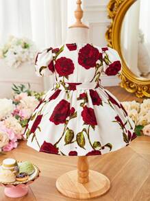 SHEIN Vestido con cinturón de manga corta con estampado de flores de rosa vintage para niñas bebé - Blanco - Ver 9