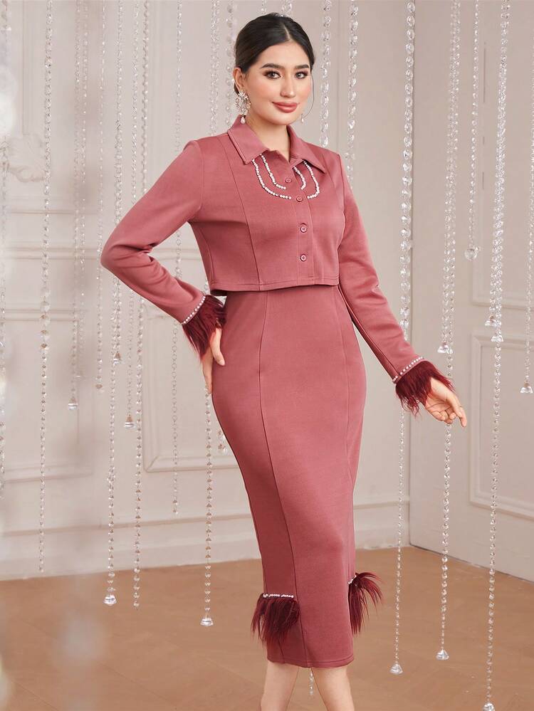 Women'S Cuff Patchwork Jacket And Skirt Set With Single-Breasted Closure 2 Piece Set