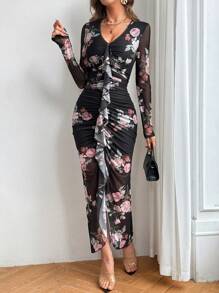 SHEIN Privé Vestido Decorado Con Dobladillo Con Volantes Y Cuello En V Para Mujer