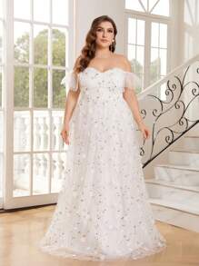 SHEIN Belle Plus Size Women'S Off-Shoulder Three-Dimensional Floral Embroidery Romantic And Sweet Ruffle Sleeve Wedding Dress - White - View 5