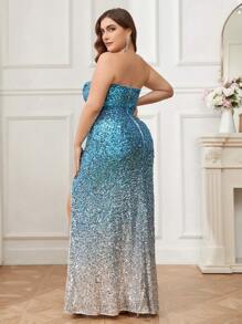 SHEIN Belle Vestido De Fiesta De Noche Con Gradiente Y Brillo, Talla Grande Para Mujeres Con Escote Sin Tirantes Y Abertura Alta - Multicolor - Ver 5