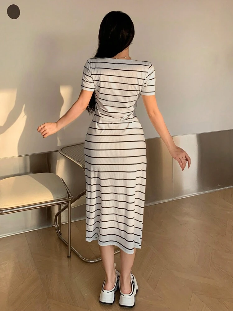 Women'S Short Sleeve Striped Dress Sundress Maxi Dress