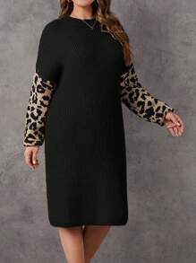 SHEIN LUNE Plus Size Women's Leopard Print Long Sleeve Sweater Dress - Black - View 6