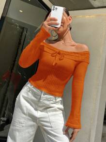 SHEIN Unity Creative Tie Detail Off-The-Shoulder Sweater Knit Pullover Fall Winter Outfit - Orange - View 5