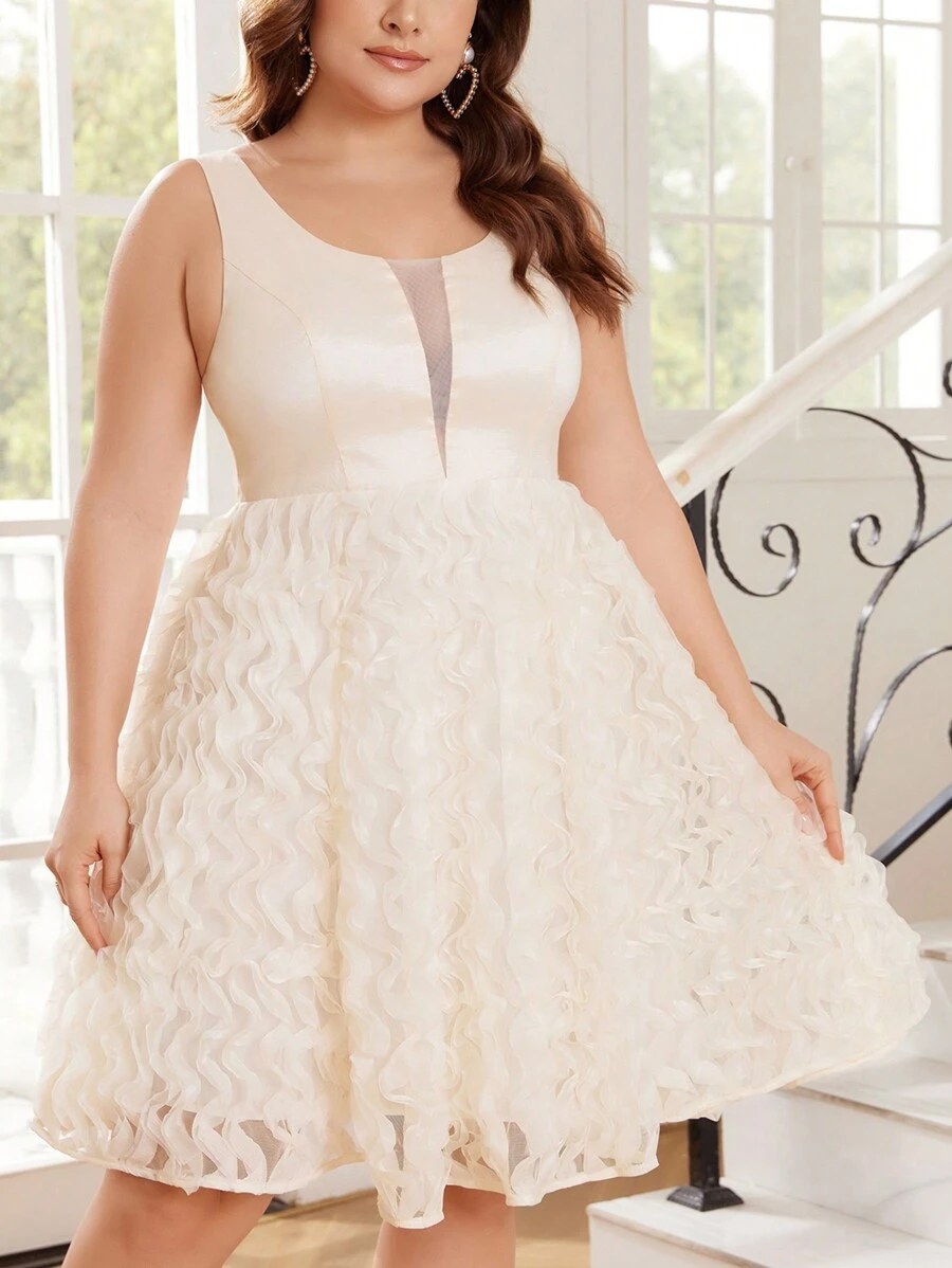 SHEIN Belle Kích thước lớn Của phụ nữ 3D Hoa Nhiều lớp Ballet Váy Đầm dự tiệc Cocktail - Màu be - Xem 1