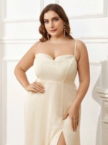 SHEIN Belle Kích thước lớn Thanh lịch Dây đeo Mì Ý  Áo cổ bò Dệt Xu hướng: Cắt giảm Hoa Cái nĩa cao A-line Váy phù dâu - Màu vàng - Xem 5