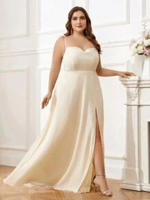 SHEIN Belle Kích thước lớn Thanh lịch Dây đeo Mì Ý  Áo cổ bò Dệt Xu hướng: Cắt giảm Hoa Cái nĩa cao A-line Váy phù dâu - Màu vàng - Xem 6