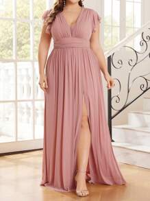 SHEIN Belle Kích thước lớn Váy phù dâu Với Cổ chữ V , Xếp li Eo Và Vắt Váy - Bụi hồng - Xem 6