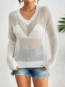 Chiquease Suéter de punto hueco de unicolor para mujer, para otoño e invierno - Blanco - Ver 3