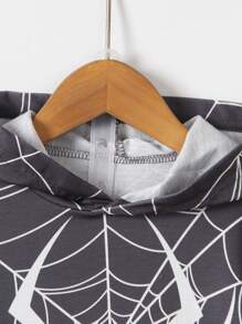 SHEIN Young Boy 2pcs/Set Spider Printed Hoodie And Sweatpants, Casual And Comfortable, For Spring And Autumn - Black - View 6