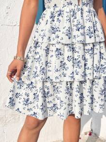 Soleia 女性小花印花交叉背帶camisole連身裙 - 藍色 - 查看 6