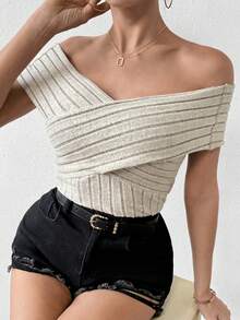 SHEIN Essnce Drop Shoulder Cross Wrap Ribbed Knit T-Shirt - Khaki - View 6