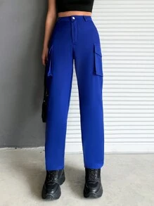 SHEIN Cottnline Women's Straight-Leg Workwear Pants With Double Pockets - Navy Blue - View 4