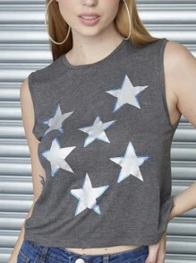 SHEIN Regata cropped de estrelas metalizado prata feminino - Cinza - Visão 5