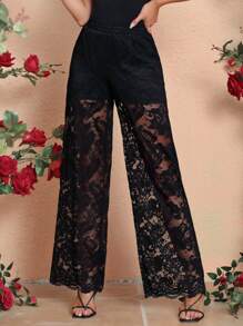 SHEIN Clasi Ladies' Black Lace Pants - Black - View 1