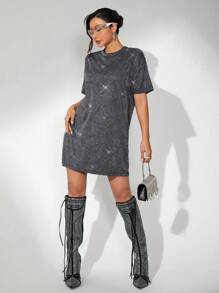 SHEIN ICON 適合外出穿著的短袖圓領黑色裙子 - 黑色 - 查看 3