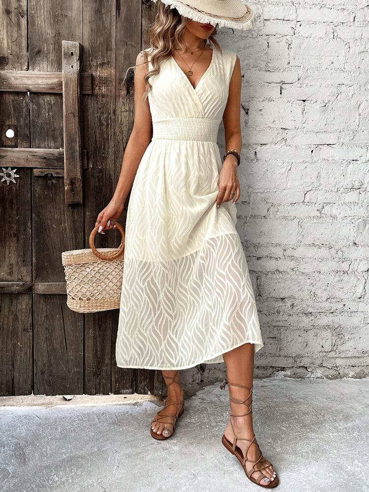 Ladies' Solid Colored Texture Detailed Waist Cinched Dress Summer Casual