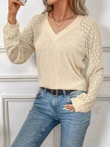 SHEIN Frenchy Của phụ nữ Textured Chất vải Giống nhau Đến Vá lại Tay Raglan Áo - Màu be - Xem 5