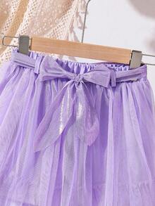 2pcs/Set Tween Girl Frill Edge Mesh Sleeveless Top And Mesh Skirt - Mauve Purple - View 5