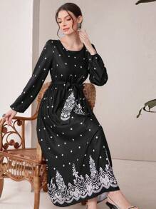 Modelyn Women'S Polka Dot Printed Belted Lantern Sleeve Dress Fall Cloth For Women - Black - View 7
